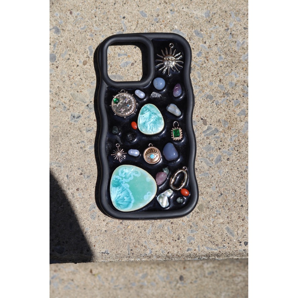 Unique Mosaic Charm iPhone 15 ProMax Case Black Wavy Edge Sun Evil Eye Crystal